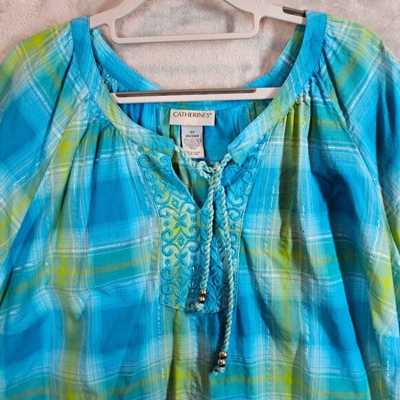 Catherines Plaid Peasant Top Womens 3X Turquoise Green silver Embroidery peasant - Picture 3 of 13